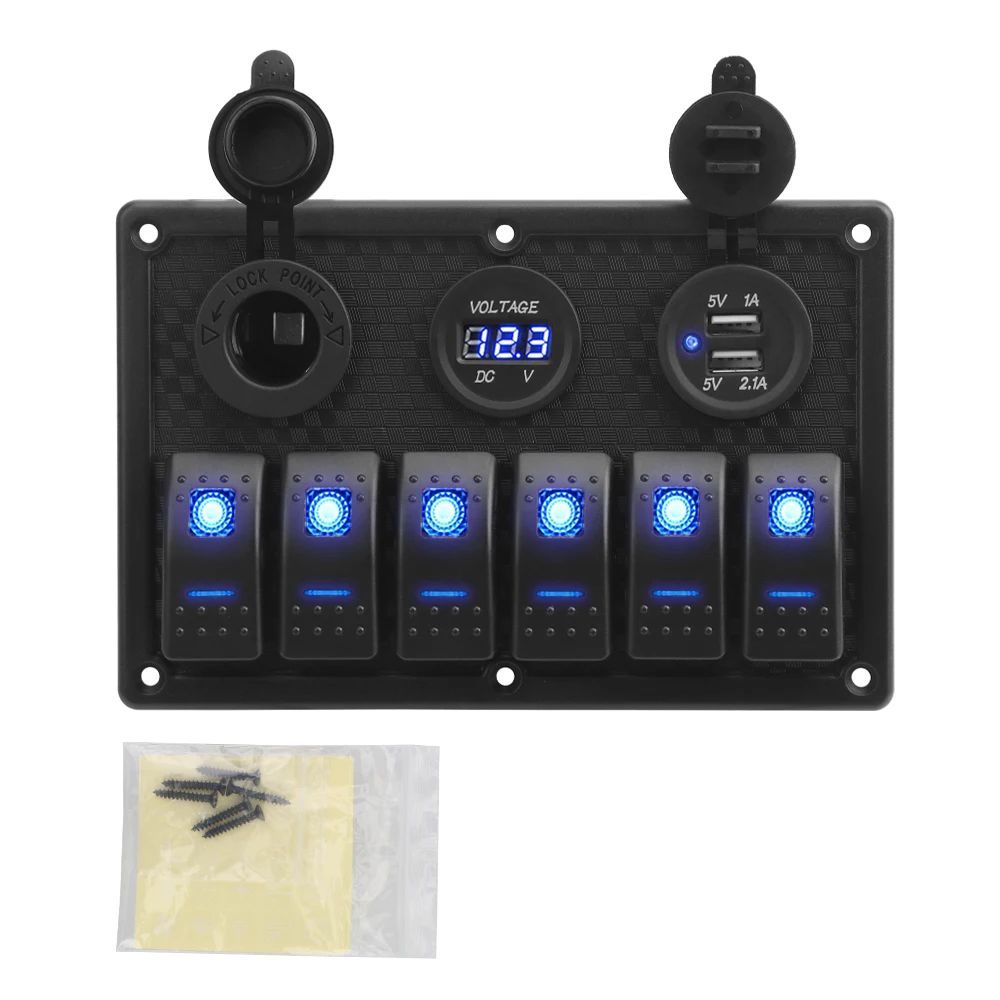 Panel de interruptor basculante de 6 entradas con ranura USB Dual de 4,2 A, pantalla de voltaje Digital para barco marino, coche, vehículos Rv, camión, yate
