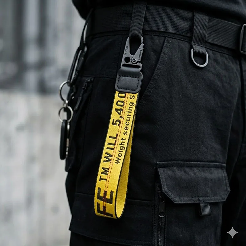 Llavero de lona para hombre con presilla táctica para cinturón, cordón para colgar llaves, estilo streetwear hip hop, para pantalones cargo, correa para llaves, hebilla metálica, accesorio para bolso, EDC