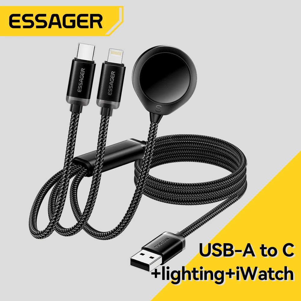 Cable Essager 3 en 1 USB Tipo C y Lightning para iPhone 16 15, para Apple Watch IWatch, Cargador Inalámbrico, Cable de Datos de Carga Rápida