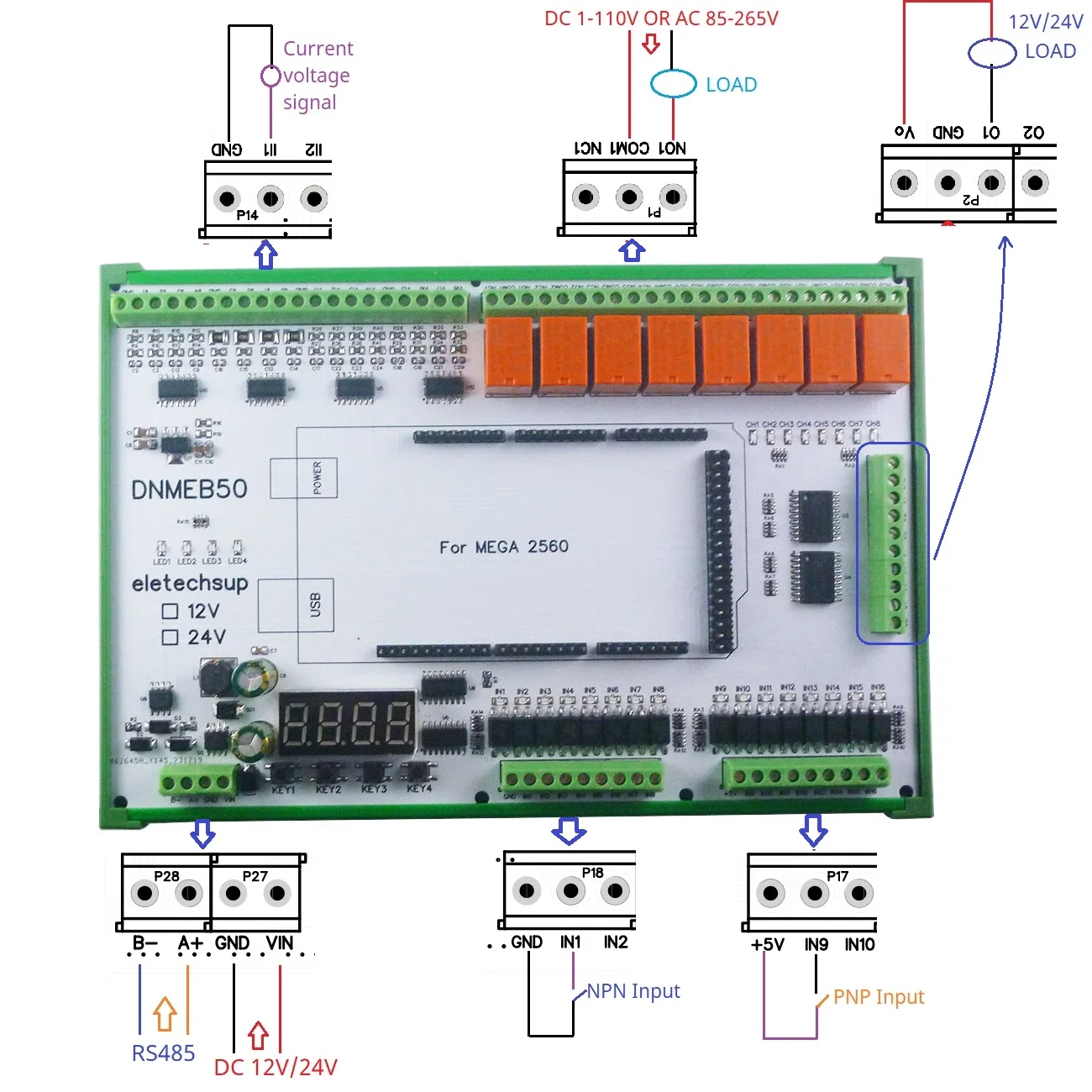 16AI-16DI-16DO 4-20MA corriente 0-5V/10V/30V voltaje contacto húmedo seco MOS RS485 relé MEGA2560 R3 placa de expansión para Arduino PLC
