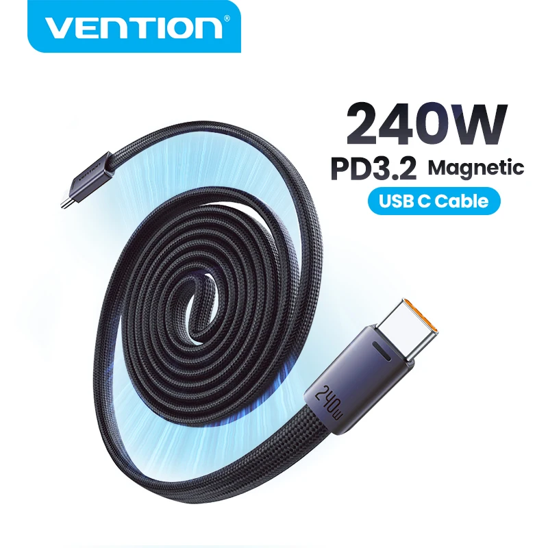 Cable Magnético Vention de 240W, USB-C a USB-C, Carga Rápida para iPhone 17, 16, 15 Pro Max, Samsung S26, Macbook