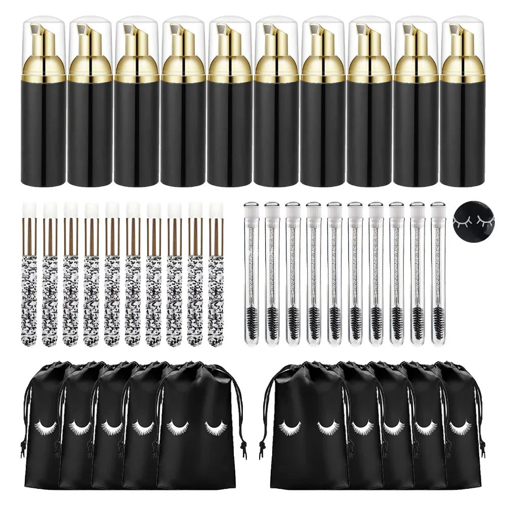 Juego de Herramientas de limpieza de pestañas, 40 Uds., 60ml, bomba de espuma vacía de plástico, botella, cepillo de limpieza, varita de pestañas, bolsa de almacenamiento EVA, herramientas para el cuidado de la piel