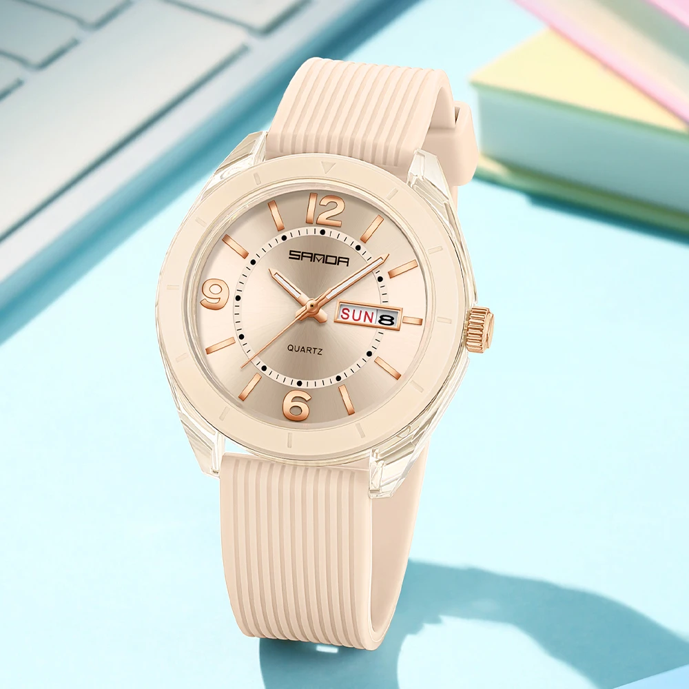 Reloj de cuarzo SANDA para mujer, resistente al agua, fecha automática, semana, elegante reloj de pulsera de lujo para mujer, relojes analógicos impermeables para mujer