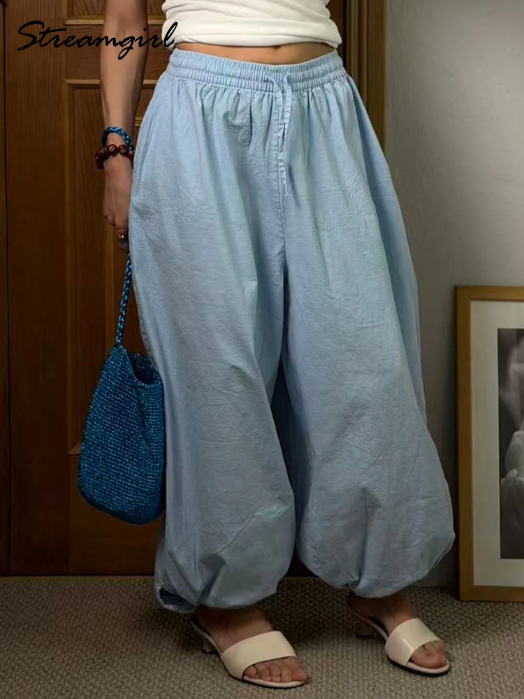 Pantalones Aladdin para Mujer, de Algodón Beige, Verano, Cintura Elástica, Holgados, Clásicos, de Pierna Ancha, Azul Marino, Tipo Linterna, Talla Grande