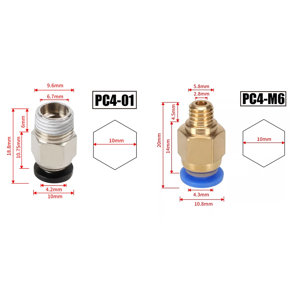 10 piezas/lote Conectores Neumáticos PC4-M10 para Impresoras 3D, Acoplador Rápido Bowden para Tubos de 1.75/3mm, Accesorios PC4M6 para Tubo PTFE