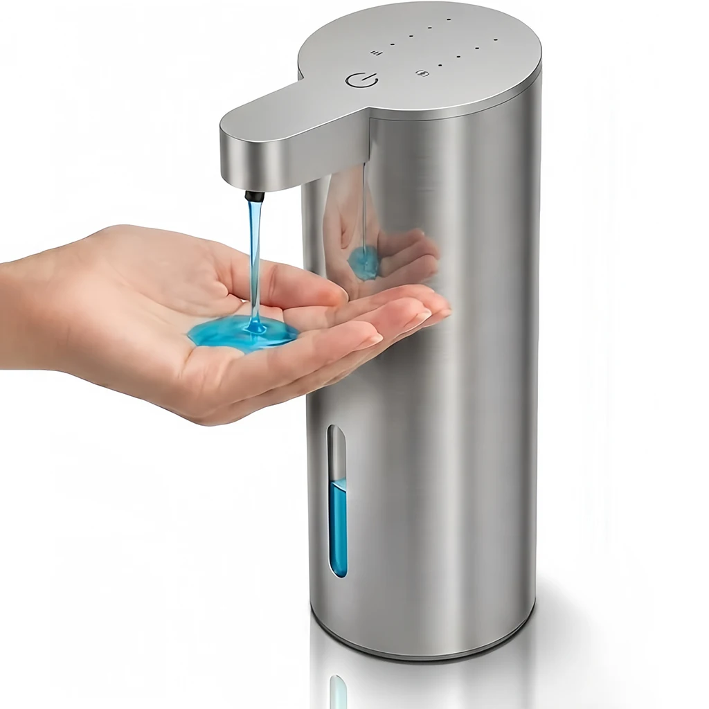  Dispensador de Jabón Líquido y Espuma de Acero Inoxidable, Múltiples Niveles, Carga Eléctrica Sin Contacto, Montaje Vertical en Pared para Baño