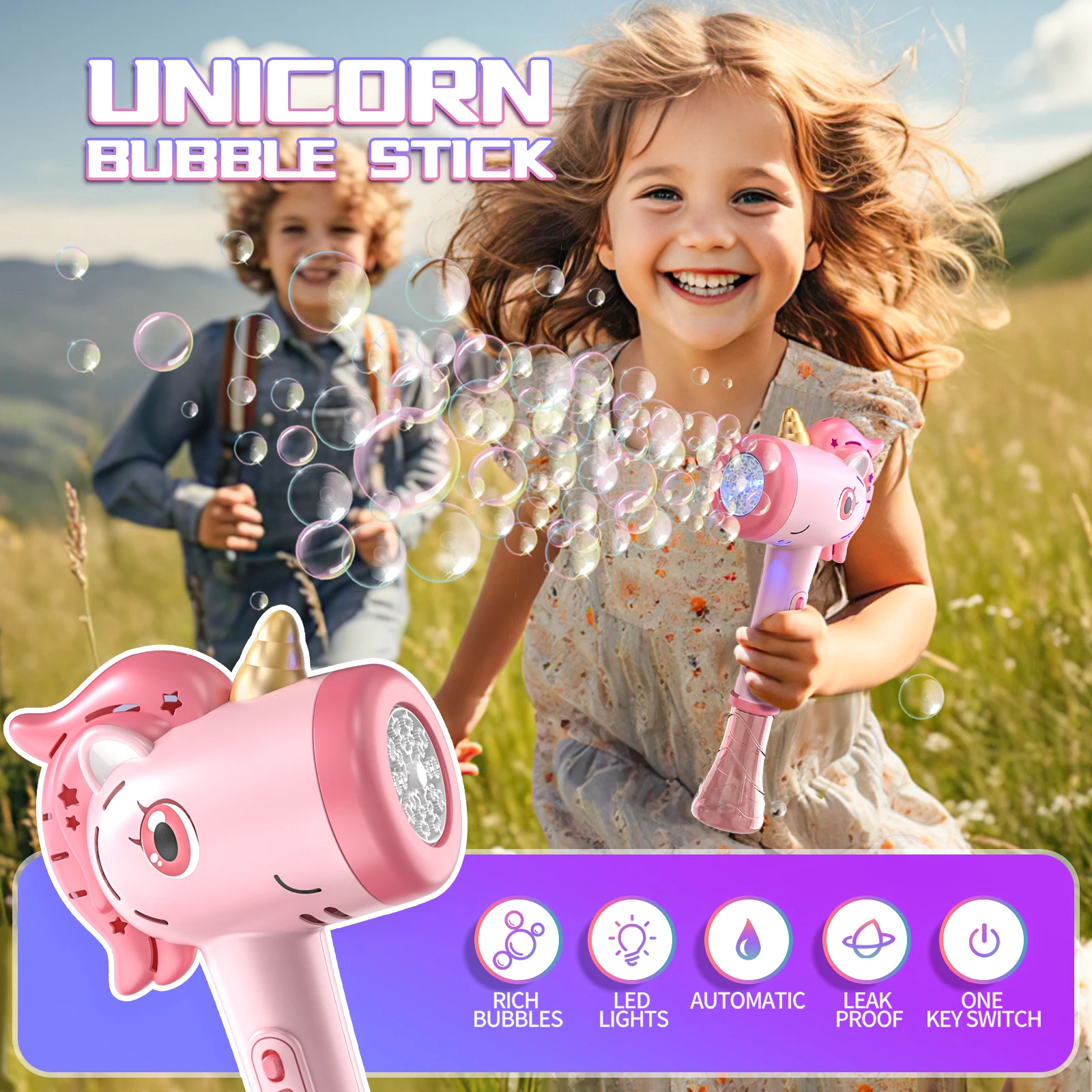 Máquina automática de burbujas con forma de unicornio, luces LED de fantasía, juguete para hacer burbujas al aire libre, para niños a partir de 3 años. Incluye solución para burbujas.