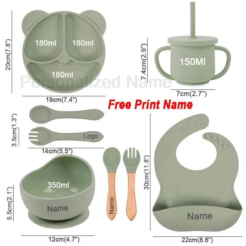 Vajilla de silicona para niños, juego de alimentación de bebé, plato de dibujos animados, nombre personalizado, taza con ventosa, plato, babero, regalo para recién nacido, 8 Uds./5 uds.