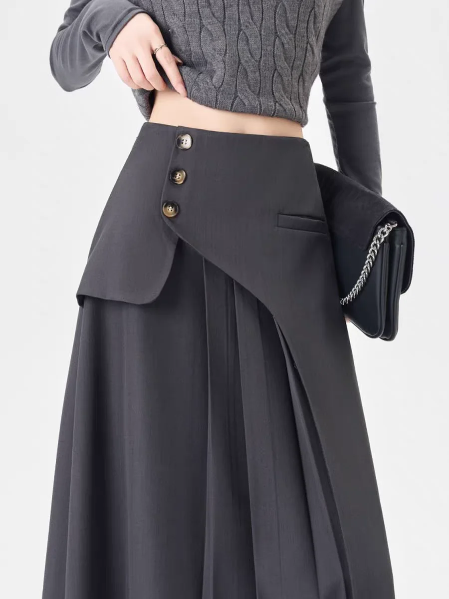Faldas midi grises para mujer, falda acampanada de cintura alta, falda de oficina perfecta de camuflaje en la cadera para otoño