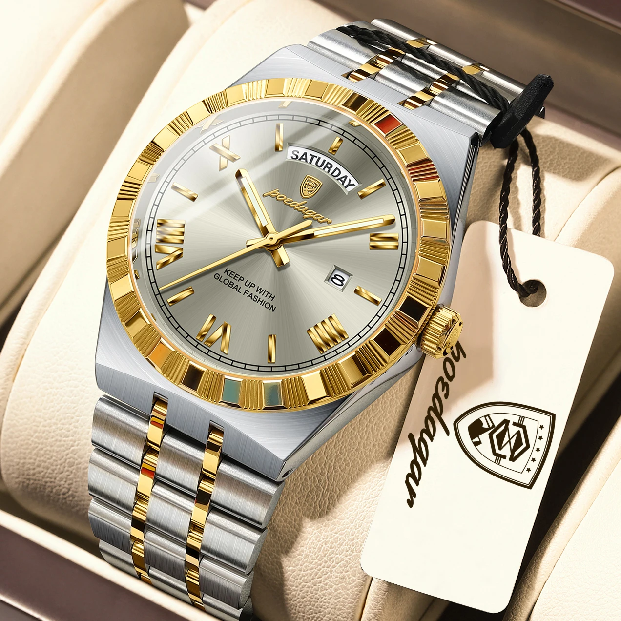 POEDAGAR, reloj de negocios a la moda para hombre, luminoso, resistente al agua, fecha semanal, reloj de pulsera de lujo para hombre, relojes de cuarzo de acero inoxidable para hombre