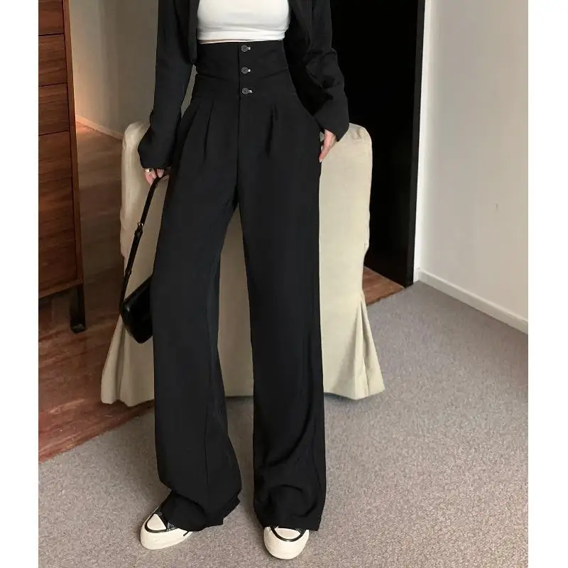 Pantalones negros de cintura alta para mujer, pantalones de piso colgantes, pantalones casuales sueltos de pierna ancha, nuevo estilo de otoño