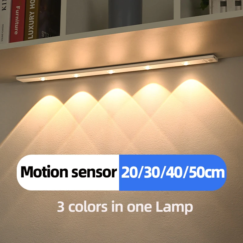 Luz LED blanca/negra para armario, luz LED con Sensor de movimiento recargable por USB para iluminación de armario de cocina, 20CM/30CM/40CM/50CM
