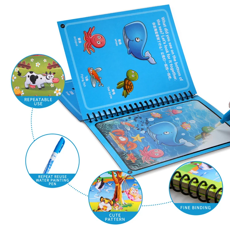 Libro mágico con dibujo al agua, juguetes Montessori, libro para colorear reutilizable, libro mágico de dibujo al agua, educación temprana sensorial para niños