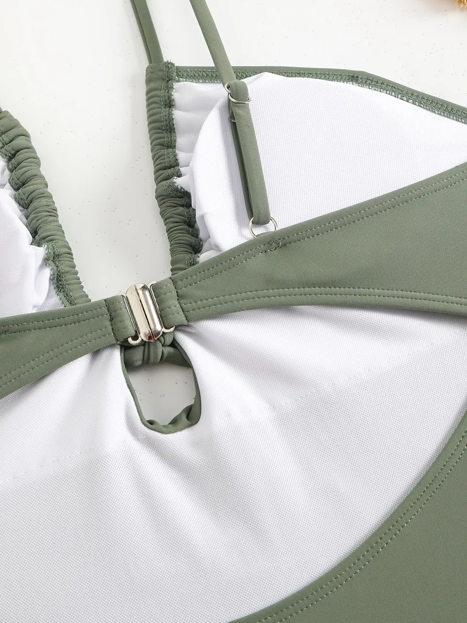 2025 Traje de baño Sexy ajustado con tiras, traje de baño de una pieza con lazo verde militar, traje de baño para mujer, traje de baño acolchado, ropa de playa