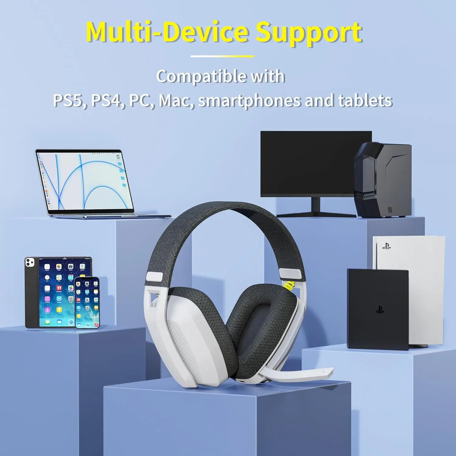 BINNUNE BW06 Auriculares inalámbricos para juegos de 2,4 GHz con micrófono para PS5, PS4, PC, Mac, Playstation, auriculares Bluetooth para juegos con micrófono
