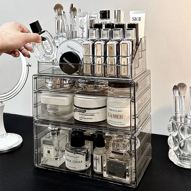 Organizador de Maquillaje Acrílico con Cajones, Caja de Almacenamiento de Cosméticos, Tocador, Soporte para Pinceles de Labios y Cuidado de la Piel, Cajones para Dormitorio y Baño