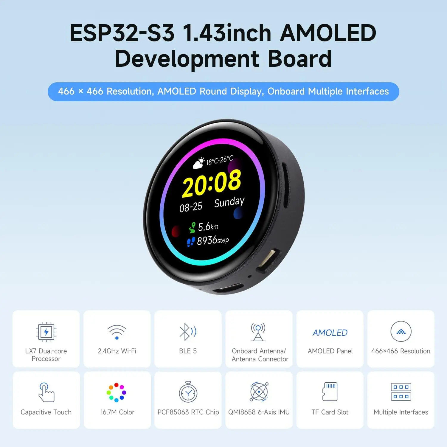 Waveshare ESP32-S3 Placa de desarrollo de pantalla táctil AMOLED de 1,43 pulgadas pantalla redonda 466x466 pantalla ESP32 desarrollo HMI LVGL GUI