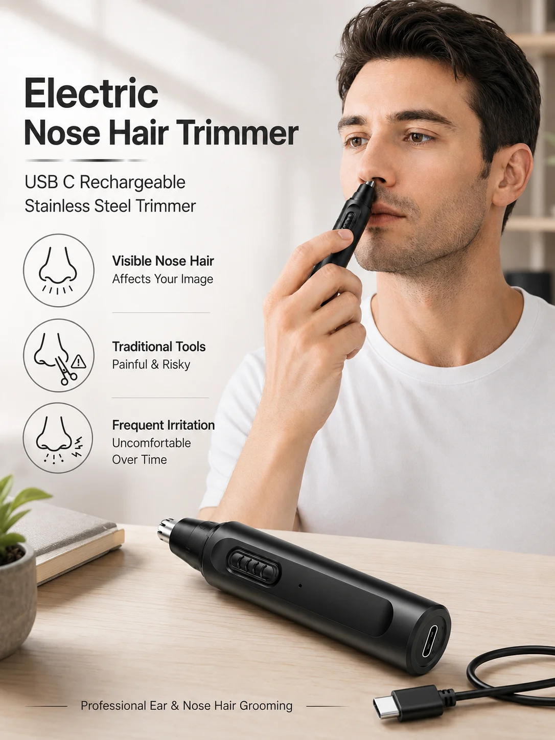 Recortador eléctrico de pelo de nariz y orejas, recargable por USB C, recortador profesional de acero inoxidable para hombres y mujeres