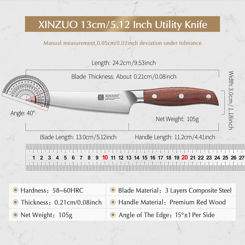 Cuchillo Multiusos XINZUO de 3 Capas de Acero Compuesto de 5'' para Pelar, Cortar y Rebanar, Cuchillo de Cocina Afilado