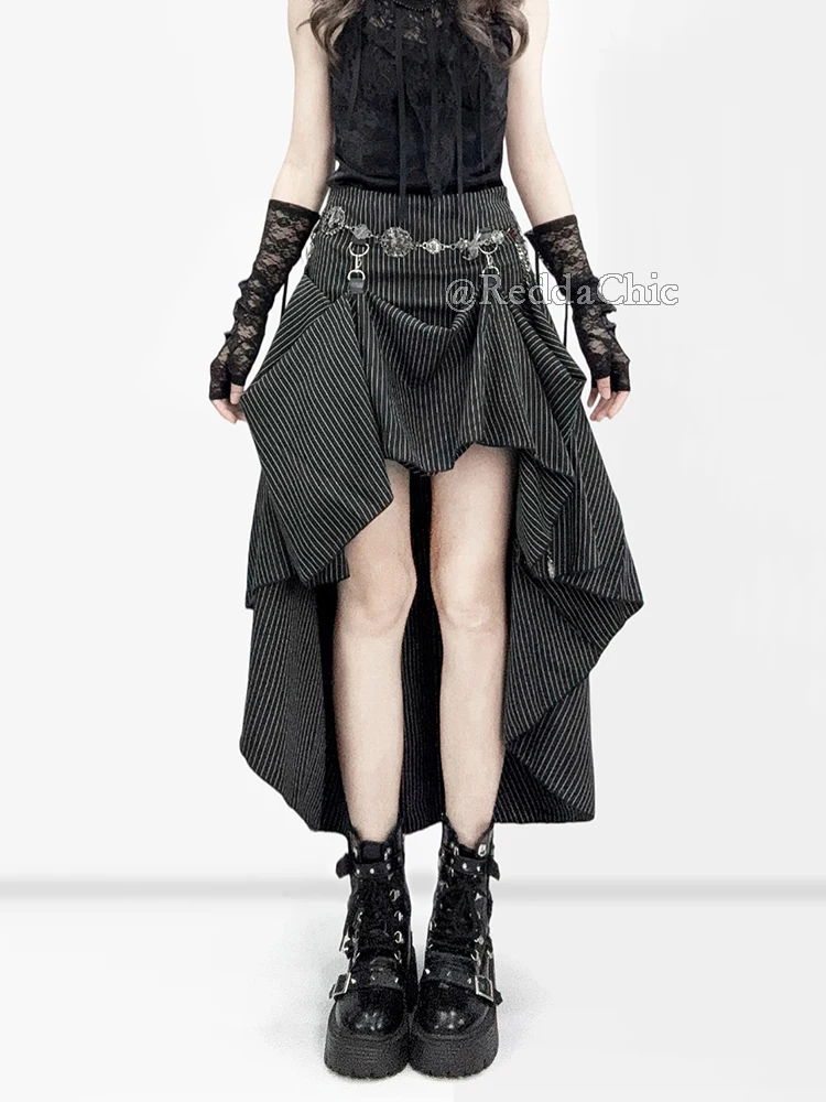 REDDACHiC Falda de Traje a Rayas Negras Estilo Grunge Retro, Falda Maxi de Cola de Pez de 3 Vías con Corte Alto-Bajo y Cola Larga, Ropa Gótica Alternativa para Mujer