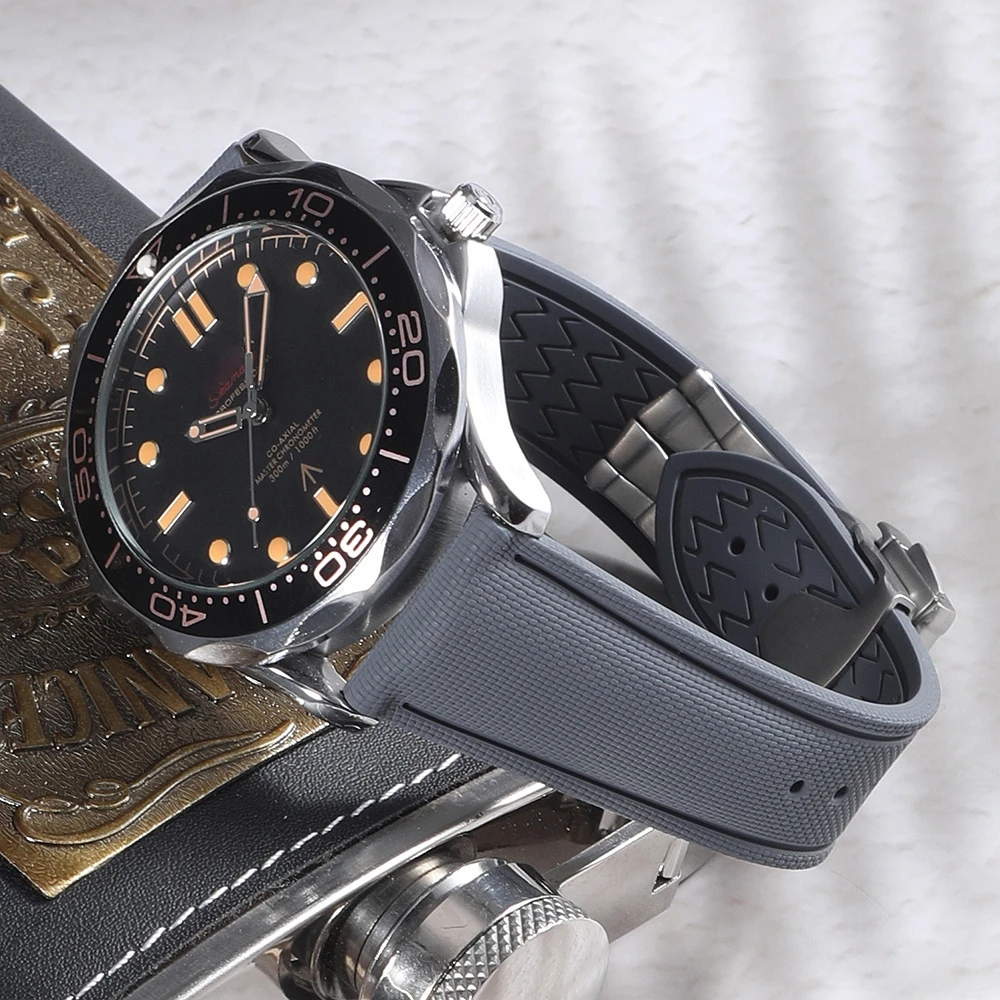 Correa de reloj de caucho FKM de 18mm, 19mm, 20mm, 21mm, 22mm con hebilla desplegable de liberación rápida, tipo lona, impermeable