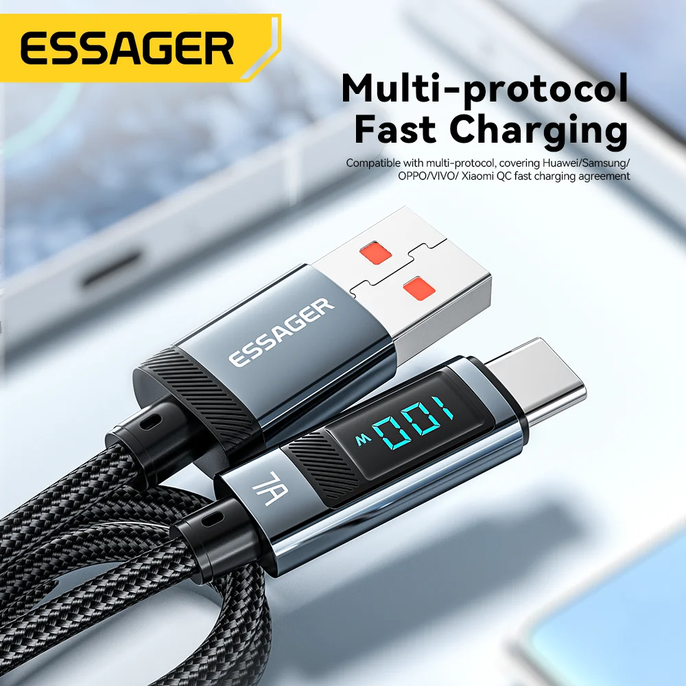 Essager 7A USB tipo C Cable 100W USB C cargador de datos para Realme Huawei P40 30 Pro 66W Cable de carga rápida Samsung Xiaomi Poco