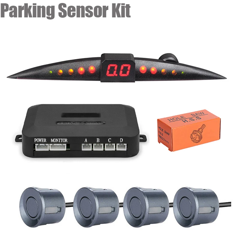 Kit de sensores de estacionamiento para coche, pantalla LCD Parktronic, sistema de Monitor de Radar de respaldo inverso, 4 sensores, 22mm, 12V, Sensor de estacionamiento de 7 colores