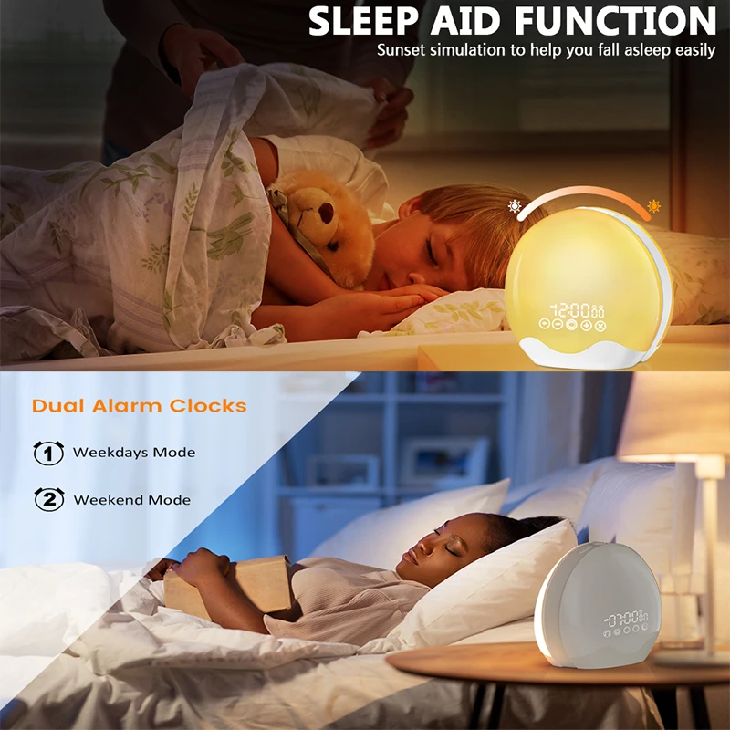 Reloj despertador Sunrise con luz de despertar, sonido Digital para dormir, luz nocturna, reloj de escritorio, dispositivo de ayuda para dormir, cambio de Color, regalo perfecto