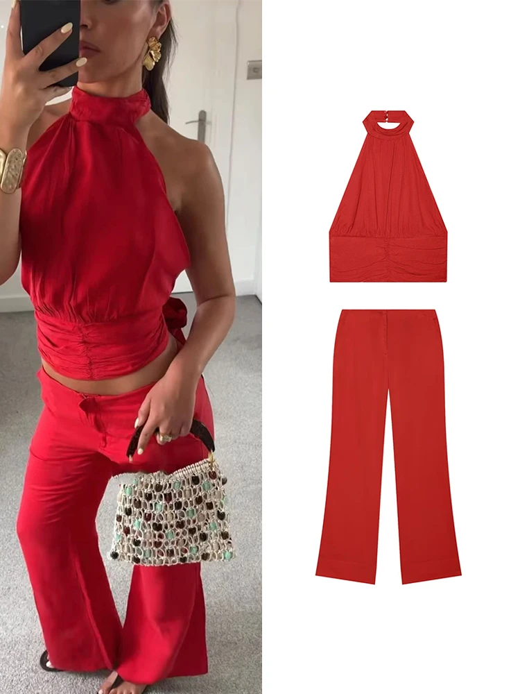 Conjunto de Top Rojo con Volantes para Mujer TFMLN, Top Halter sin Espalda y sin Mangas, Pantalones Rectos de Cintura Alta, Atuendo Chic, Sexy y a la Moda