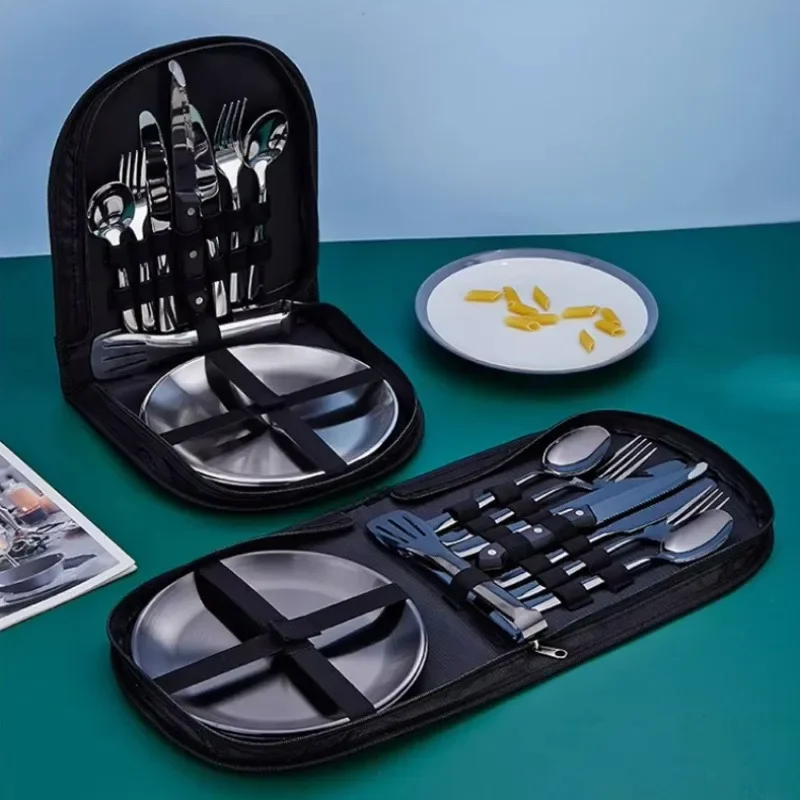 Juego de utensilio de Picnic para 2 personas con plato, cuchara, cuchillo, tenedor, vajilla de pícnic al aire libre, juego de vajilla para acampar
