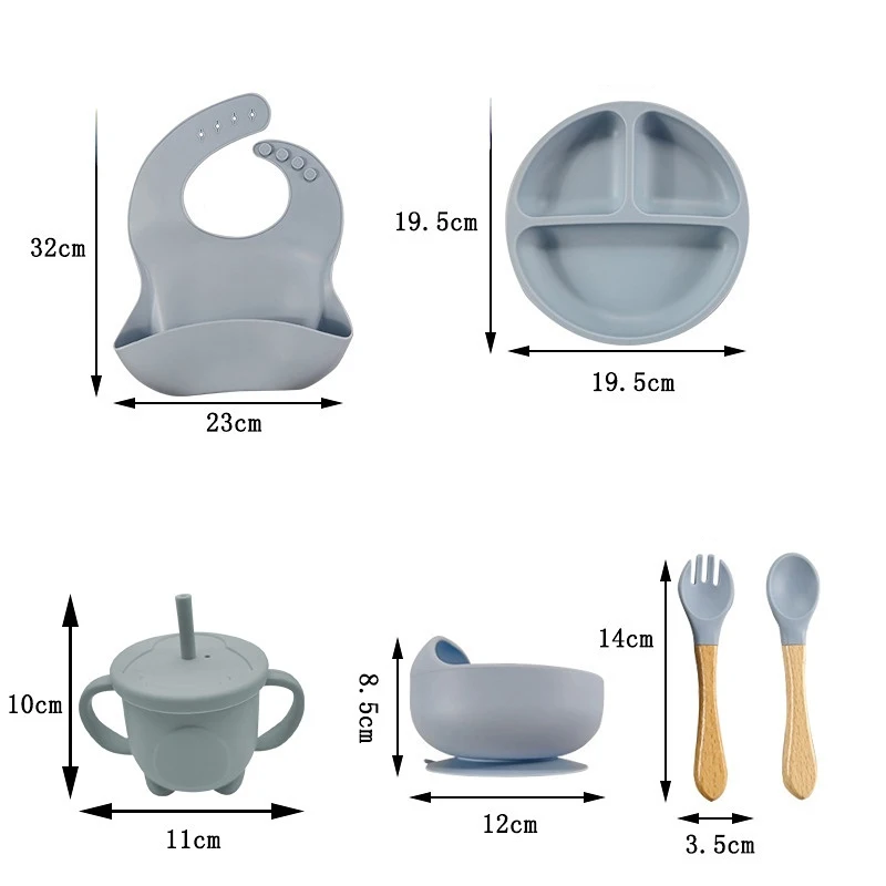 Vajilla De Silicona De 6-8 Piezas Para Bebé Juego De Baberos Con Ventosa Tazón Cuchara Tenedor Taza De Alimentación Plato Dividido Platos Infantiles Vajilla Para Niños Suministros Para Madres Y Bebés