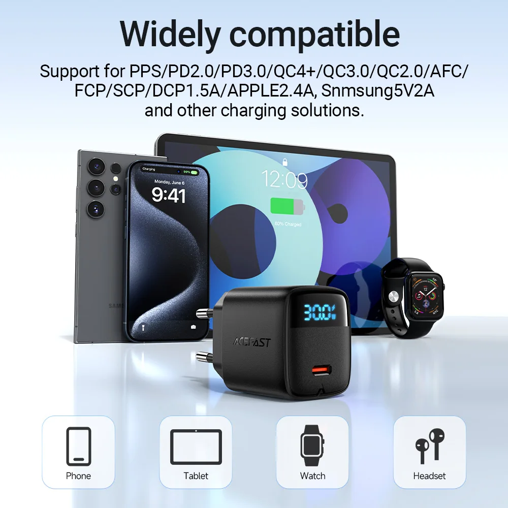 ACEFAST GaN PD30W cargador de carga rápida para teléfono UE para iPhone 16/15 Pro Max USB C adaptador de pantalla Digital LED de pared para Samsung S25