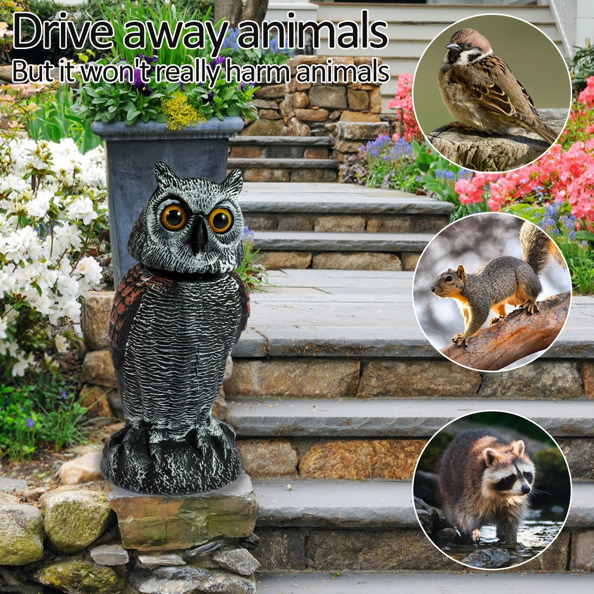 Dispositivos de control de aves Owl Spare con 360 °   Cabeza giratoria impermeable búho falso espantapájaros señuelo simulación realista búho pájaro disuasivo