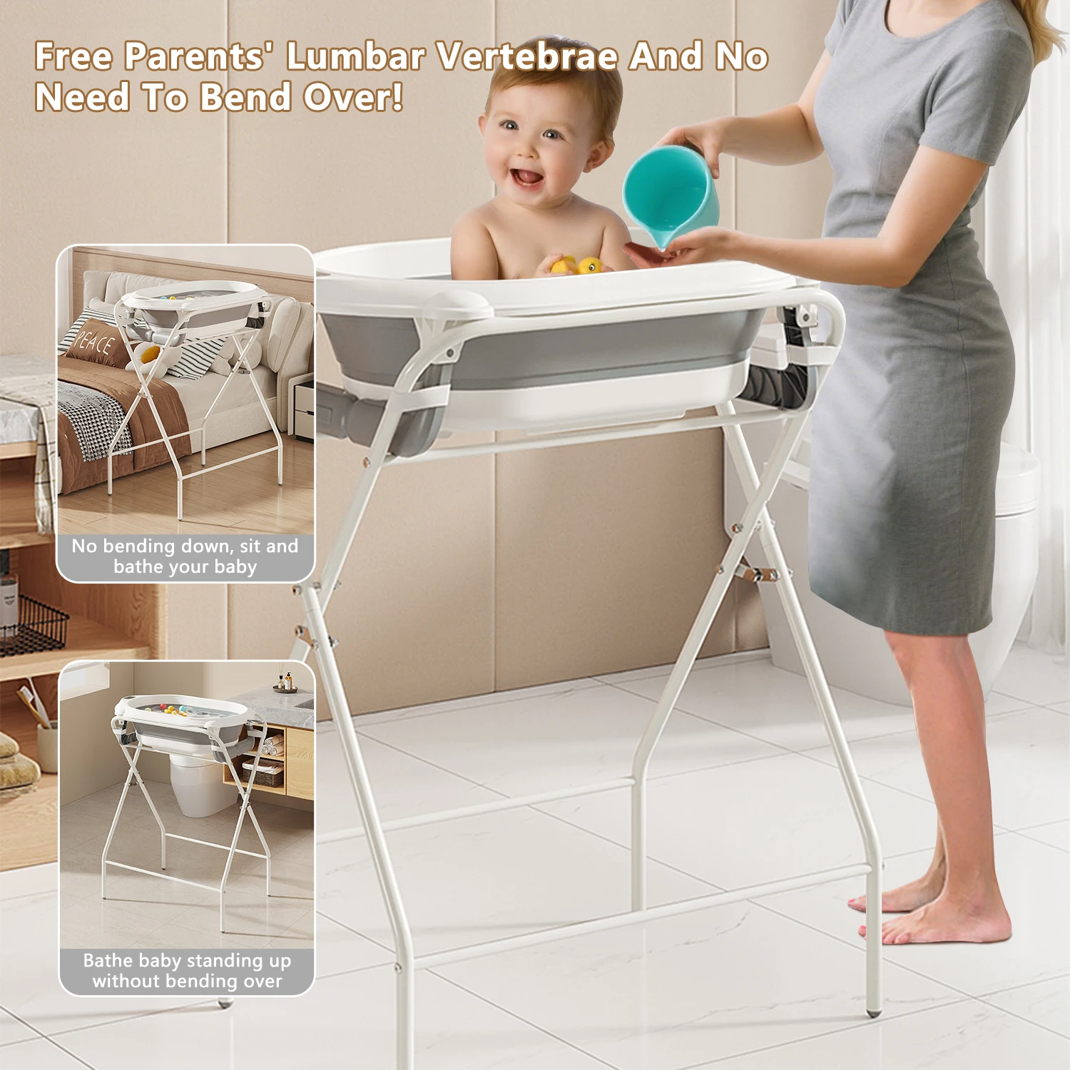 Bañera para Bebé 3 en 1 con Soporte, Bañera Plegable para Bebés Recién Nacidos hasta Niños Pequeños con Termómetro y Almohada de Baño, Multifuncional, Gris
