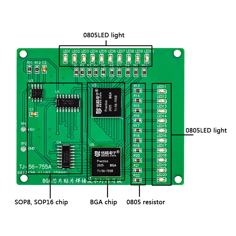 Kit de tablero de práctica de soldadura de Chip BGA, kit de bricolaje de circuito de luz de flujo SMD 555 4017