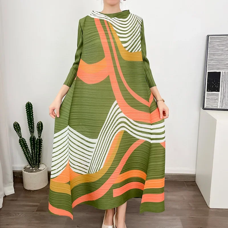 ANLAN Miyake-vestido plisado de manga larga con cuello redondo para mujer, ropa de noche, elegante, 9AK2075, 2024