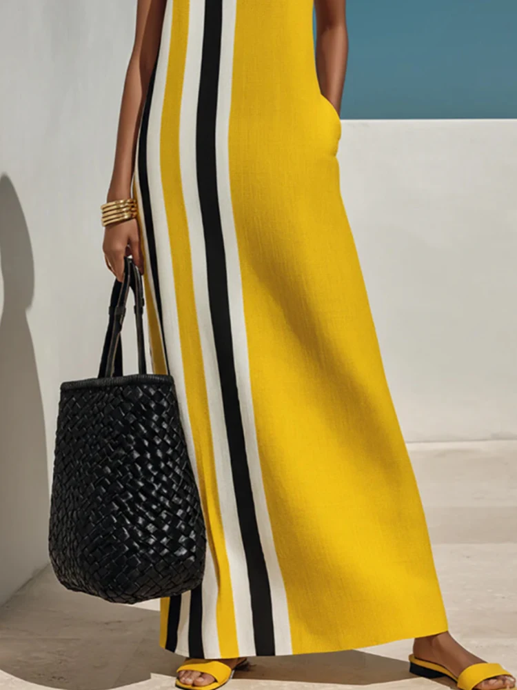 Vestido Maxi a Rayas con Cuello Redondo para Mujer, Vestido de Fiesta sin Mangas, Elegante y Sencillo, Vestidos de Verano para Mujer