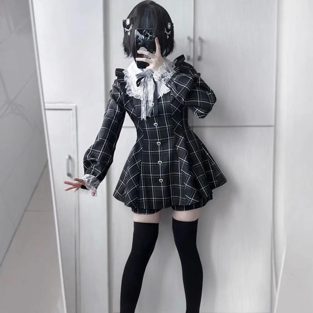 Vestido Lolita Kawaii para Mujer, con Encaje, Parches a Cuadros, Estilo Hada Grunge, con Volantes, Manga Larga, Estética Y2K