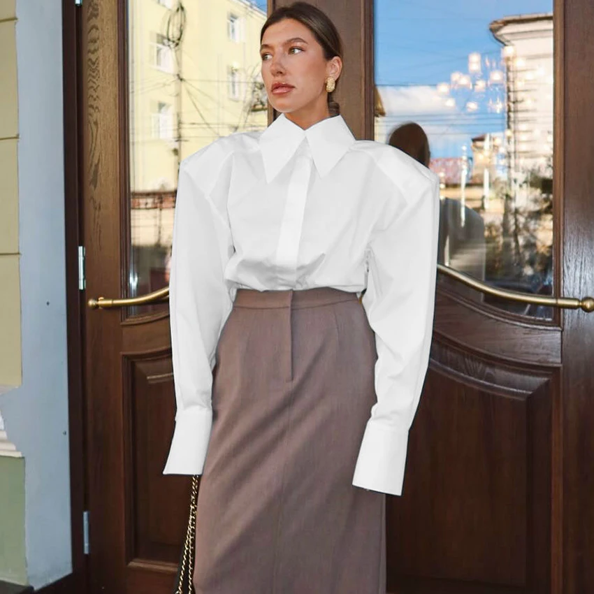 Camisa de Manga Abullonada para Mujer, Blusa Elegante de Otoño para Oficina, Estilo Chic Urbano con Cuello Camisero