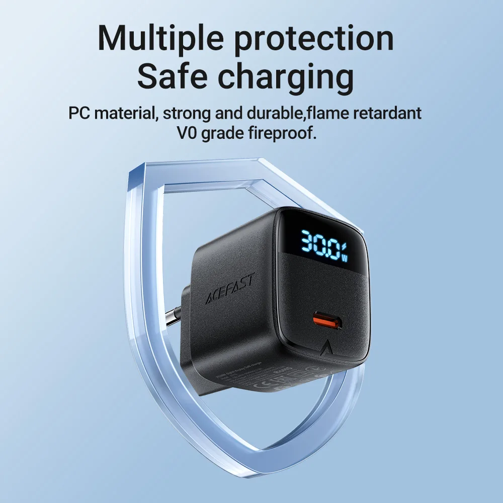 ACEFAST GaN PD30W cargador de carga rápida para teléfono UE para iPhone 16/15 Pro Max USB C adaptador de pantalla Digital LED de pared para Samsung S25