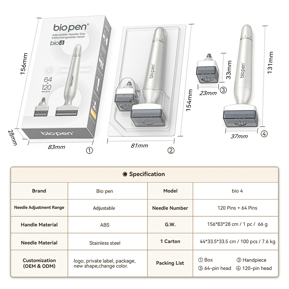 Nuevo Bio Pen 4, Microneedling Ajustable de 0.25mm con Agujas de 120 y 64 Pines, Derma Stamp para Cuidado Facial, Corporal, Cabello y Barba