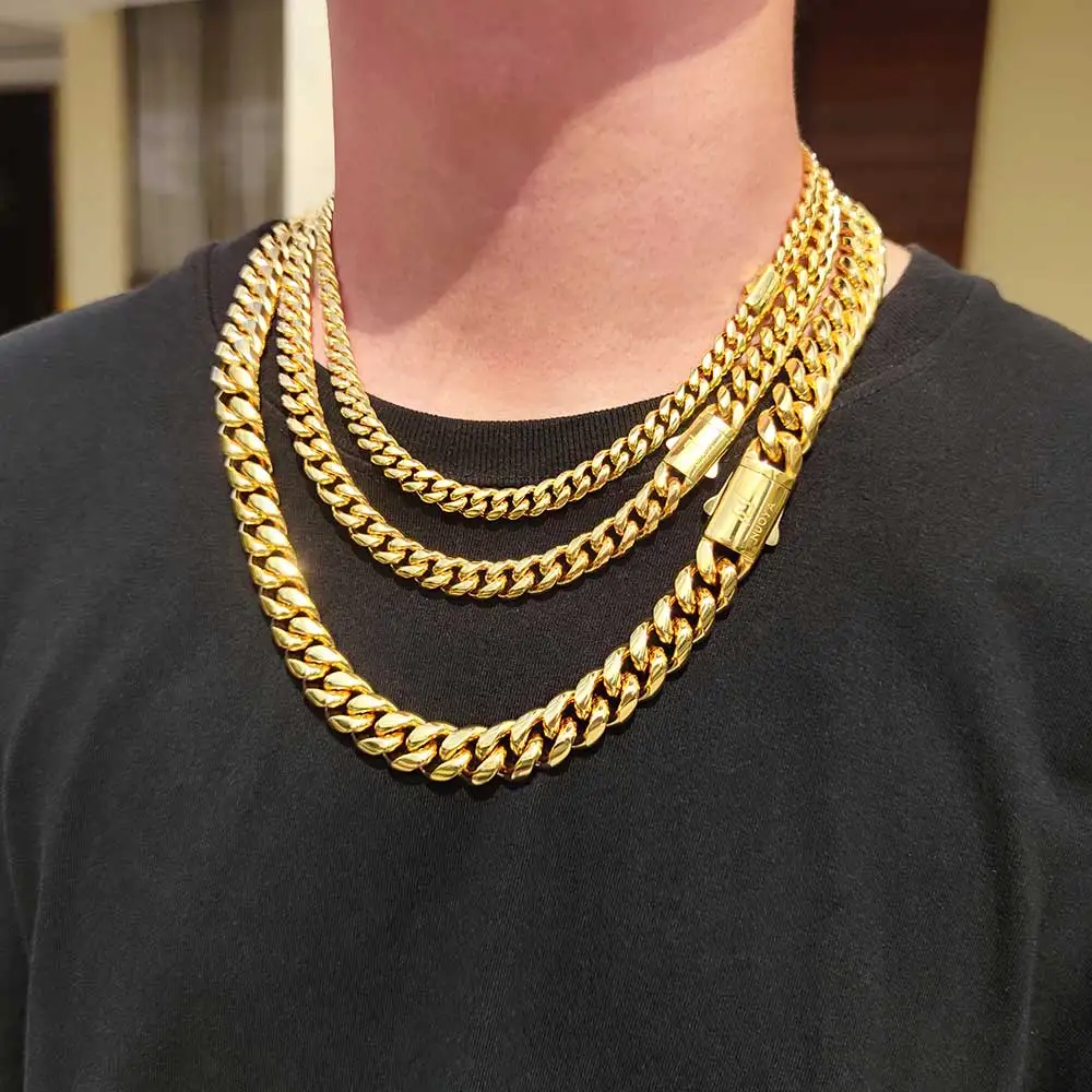 Cadena Cubana de Acero Inoxidable de Alta Calidad, Color Dorado, Ancho de 8-14 mm, Resistente al Agua, para Hombre y Mujer, Collar de Eslabones, Varios Tamaños