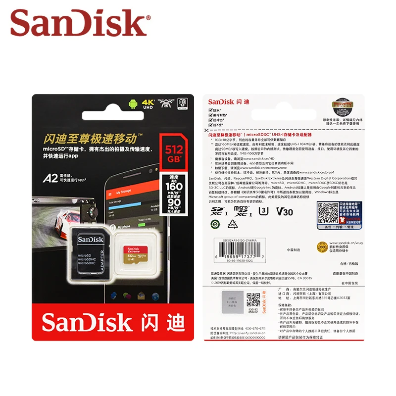 SanDisk-tarjeta de memoria microSDXC Extreme V30 A2, 128GB, 256GB, 512GB, Clase 10, micro sd, U3, 4K, 32GB, 64GB, Flash, TF para UAV