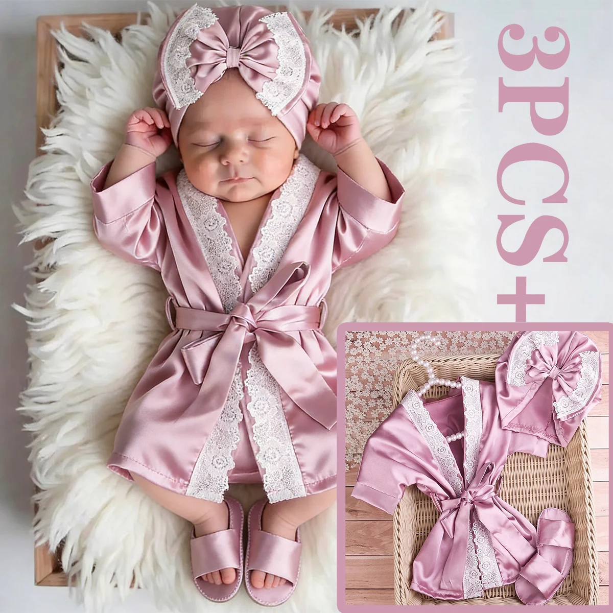 Conjunto de 3 Piezas para Fotografía de Recién Nacidos, 1 Mes, 100 Días, Bata de Encaje para Bebé Niña con Lazo, Turbante, Gorro y Pantuflas, Accesorios para Fotos