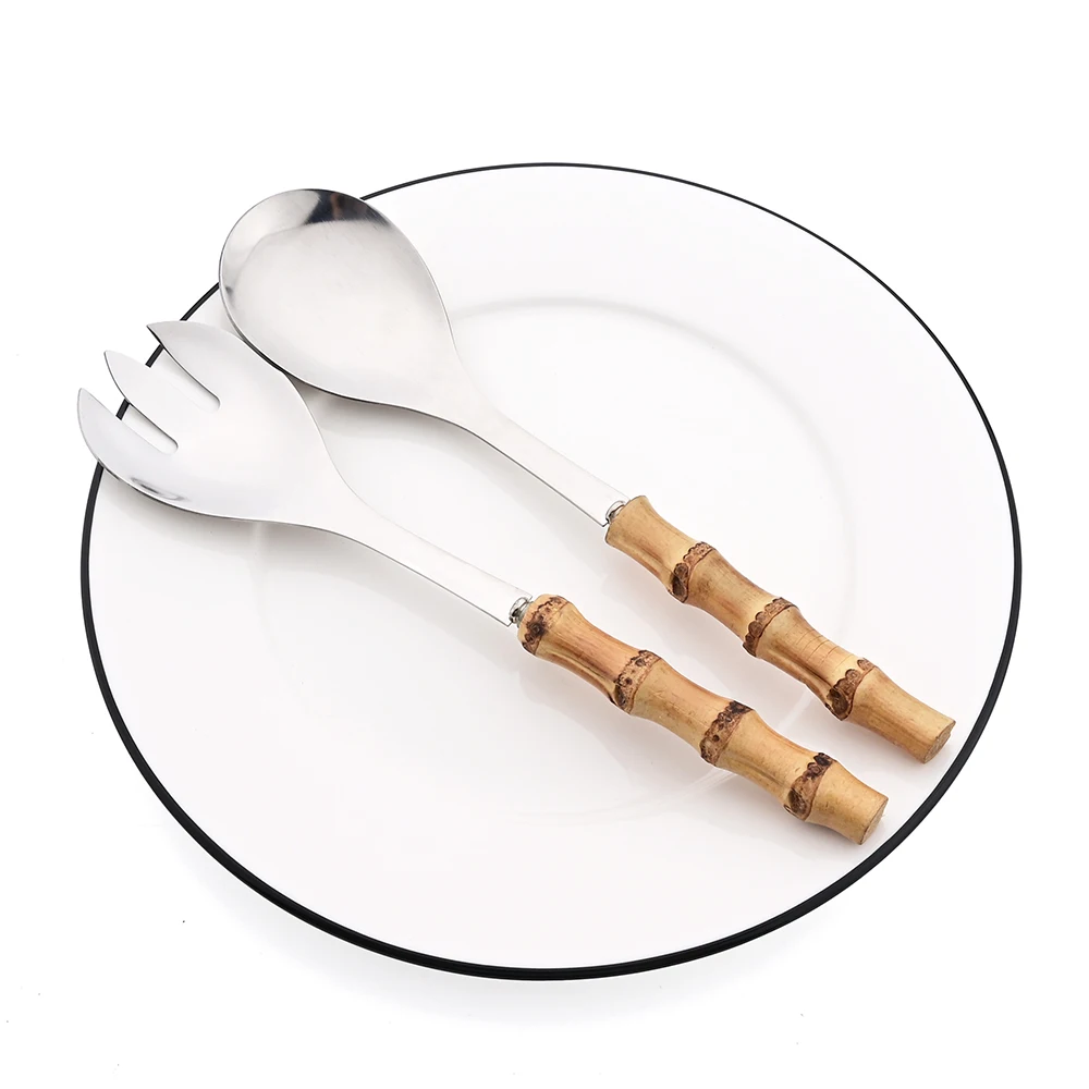 Cuchara para servir con mango largo, tenedor, mango de madera de bambú, tenedor para ensalada, vajilla de cocina de acero inoxidable, juego de cubiertos, 2/4 Uds.