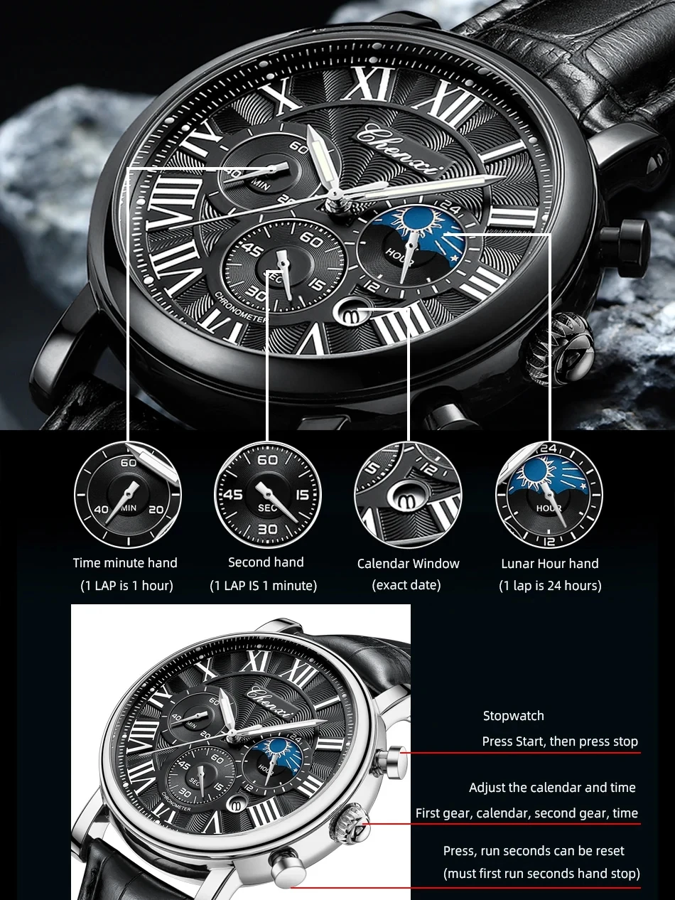 CHENXI 973 Reloj de cuarzo para hombre, moda de negocios, fase lunar, fecha, cronógrafo multifuncional, reloj de pulsera con correa de cuero