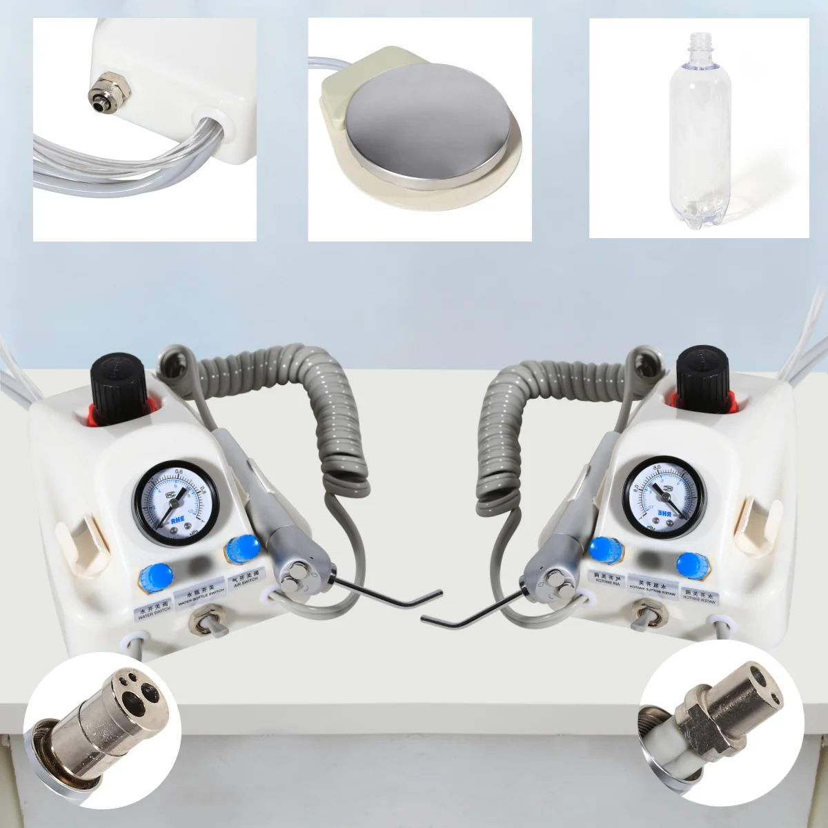Unidad de turbina de aire Dental portátil que funciona con compresor, botella de jeringa de Triple pulverización y Pedal, herramientas de limpieza de dentista de 2/4 agujeros