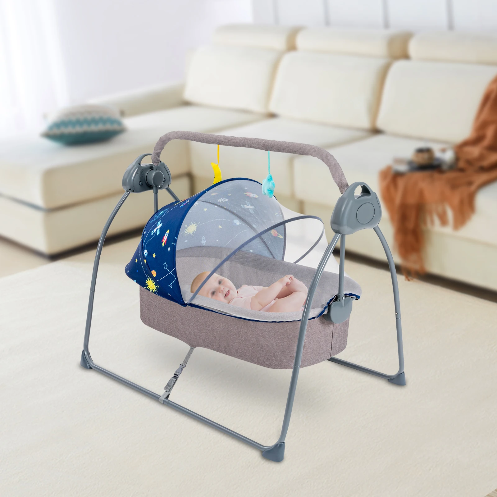 Cuna Mecedora Plegable para Bebé con Música y Temporizador, Cuna Eléctrica de 5 Velocidades con Función de Balanceo Automático, Cama Mecedora Portátil para Bebés de 0 a 18 Meses