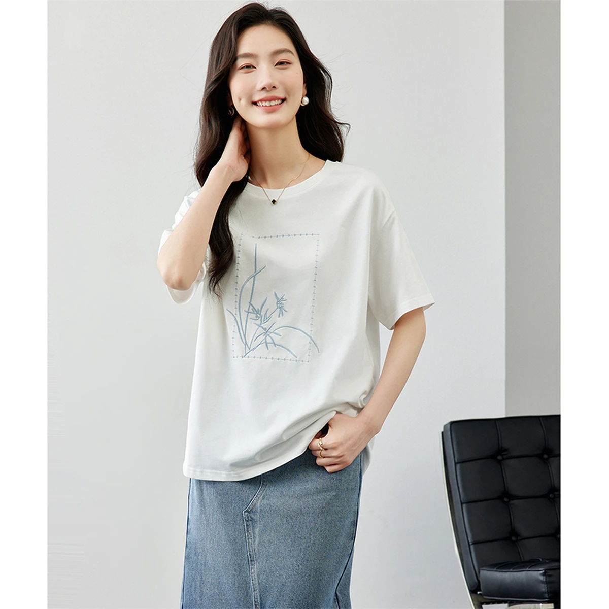 VIMLY-Camiseta blanca de algodón bordada de estilo chino para mujer, camisetas de manga corta, camisetas holgadas y versátiles, nuevas camisetas de verano para mujer M6911