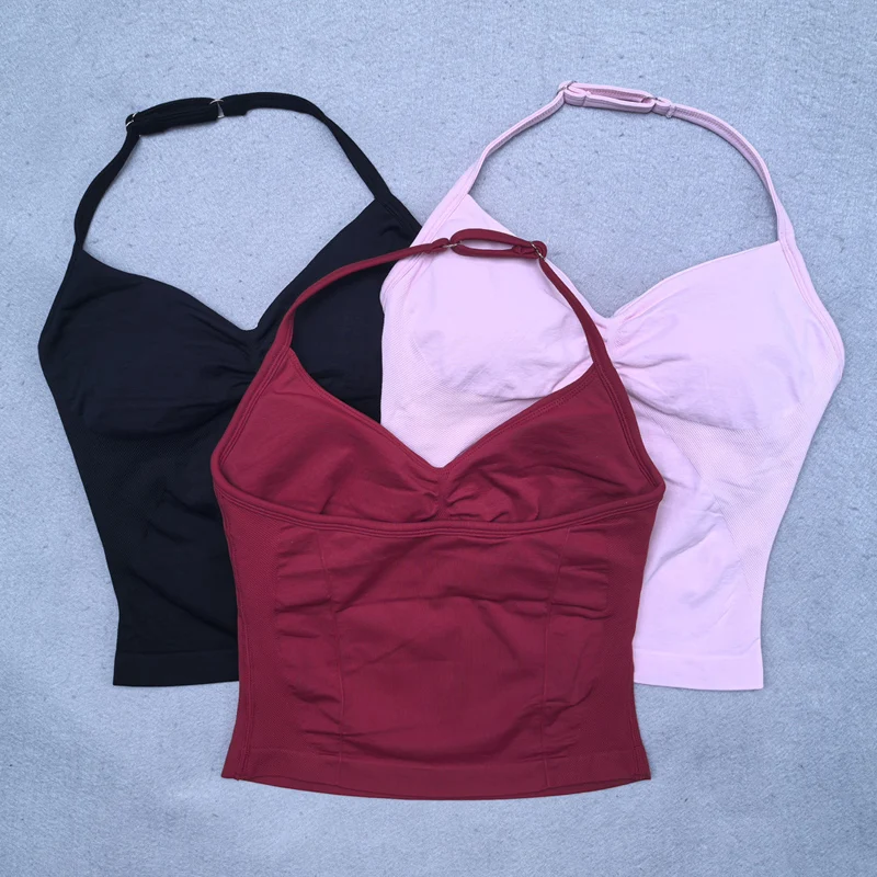 Conjunto de Yoga sin costuras para mujer, 2 uds., camiseta sin mangas acolchada con cuello Halter, mallas de gimnasio para levantamiento de glúteos, ropa deportiva para mujer, ropa de entrenamiento